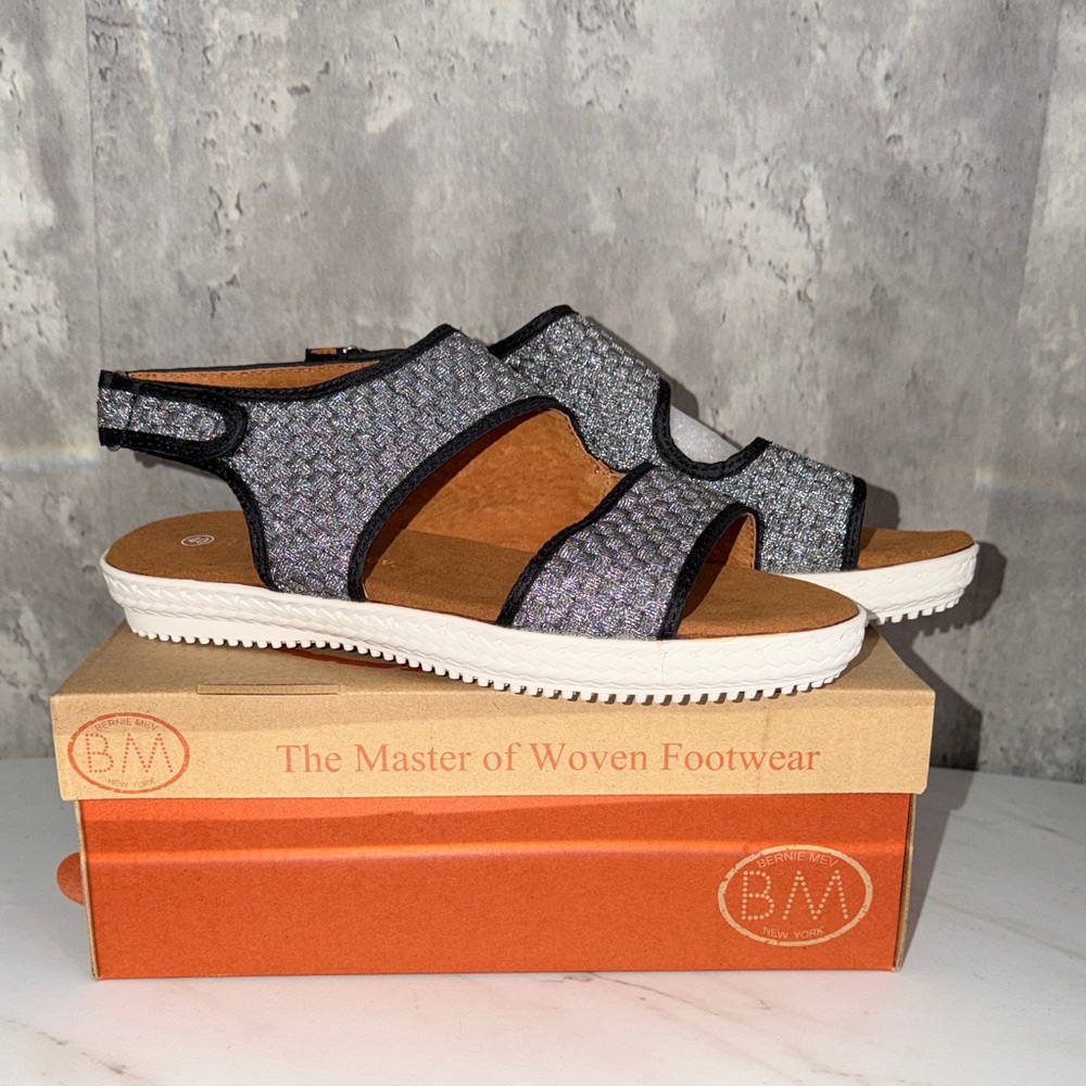 NEW Bernie Mev Lima pewter woven Black and Silver strappy Woven Sandals